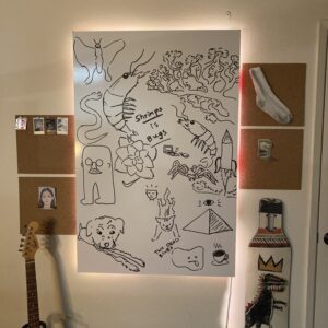 Whiteboard doodle wall with backlit LED strip and bulletin